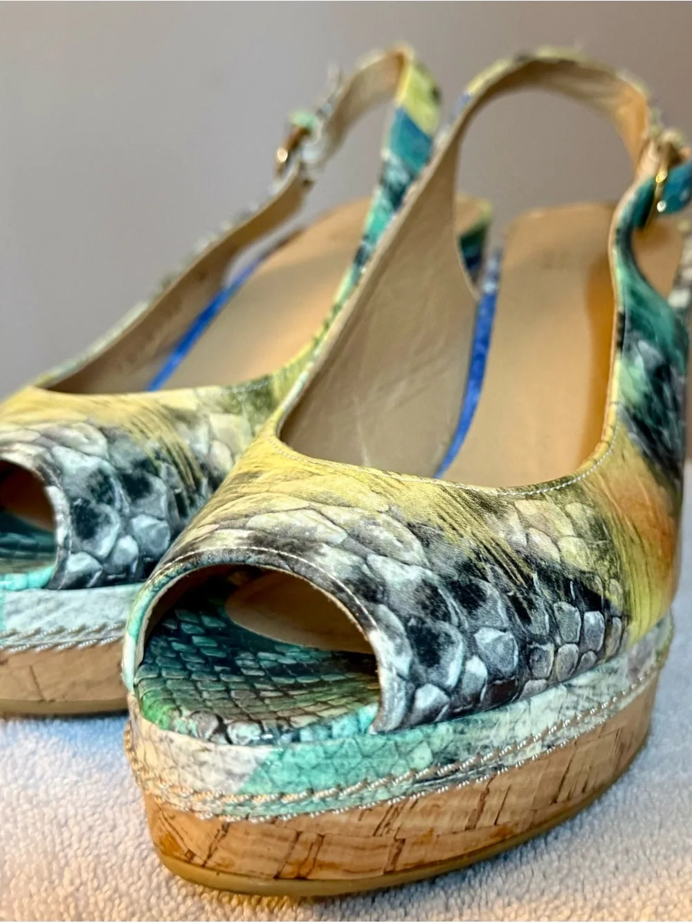 Stuart Weitzman Teal, royal blue, lime green Multi-Print Peep-Toe Cork Wedges - Picture 3 of 8
